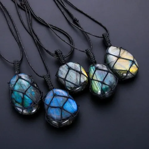 Angled light revealing labradorescence effect on cut labradorite