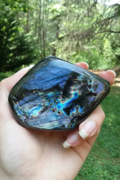 Close-up of labradorite's labradorescence effect