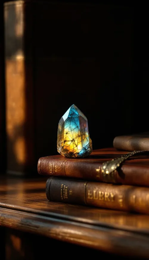 Close-up of labradorite color play under indoor lighting