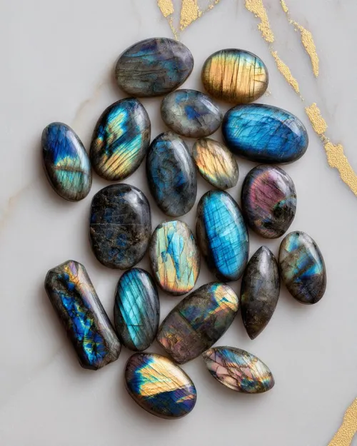 Labradorite jewelry catching sunlight indoors