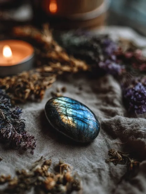 Person rotating labradorite under different lighting